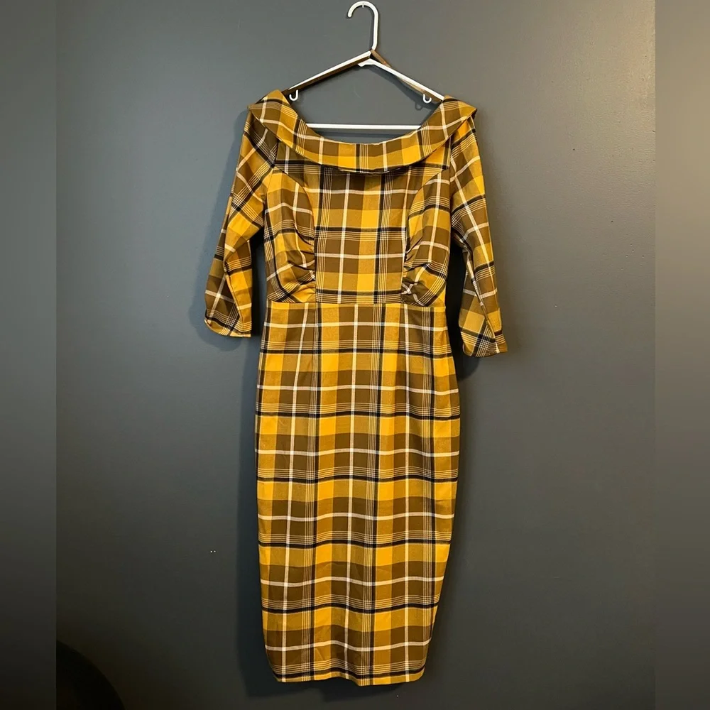 Collectif Cheyenne Moonhill Check 50’s Pencil Dress Mustard Small - Picture 2 of 4